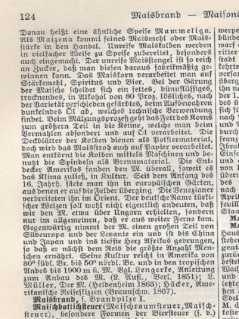 Schluss des Beitrags zu Welschkorn aus Meyers Lexikon von 1890